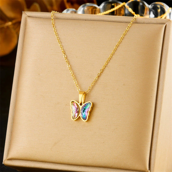 Wholesale Sweet Fresh Butterfly Suit Gradient Color Stone Pendant Necklace With Heart Flower Bow Tie Pattern Stainless Steel Jewelry Electroplated