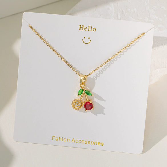 Wholesale Sweet Fruit Geometric Design Copper And Titanium Steel Electroplated Pendant Necklace For Women With O Word Chain