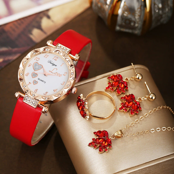 Wholesale Sweet Round Dial Belt Watch And Maple Leaf Jewelry Set For Female Alloy Case Imitation Leather Strap Stainless Steel Buckle Ordinary Glass Mirror