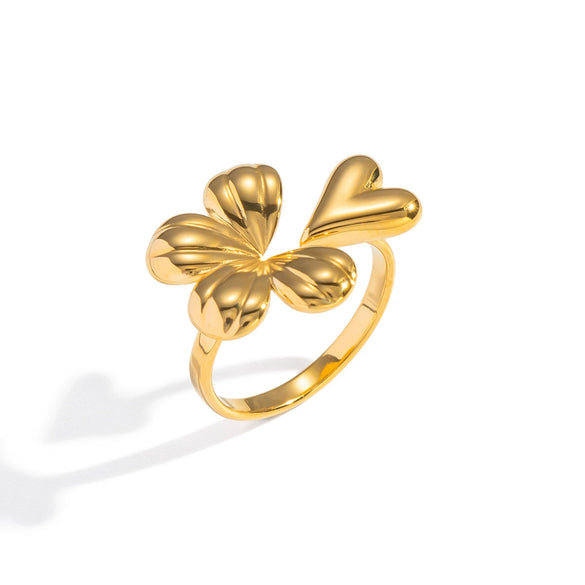 Wholesale Sweet Style Plants And Flowers Heartshaped Stainless Steel Vacuum Real Gold Plated Ring For Women