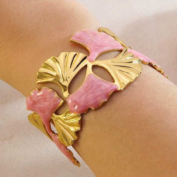 Wholesale Sweet Style Simple Open Stainless Steel Oildrip Ginkgo Leaf Titanium Steel Bracelet Jewelry
