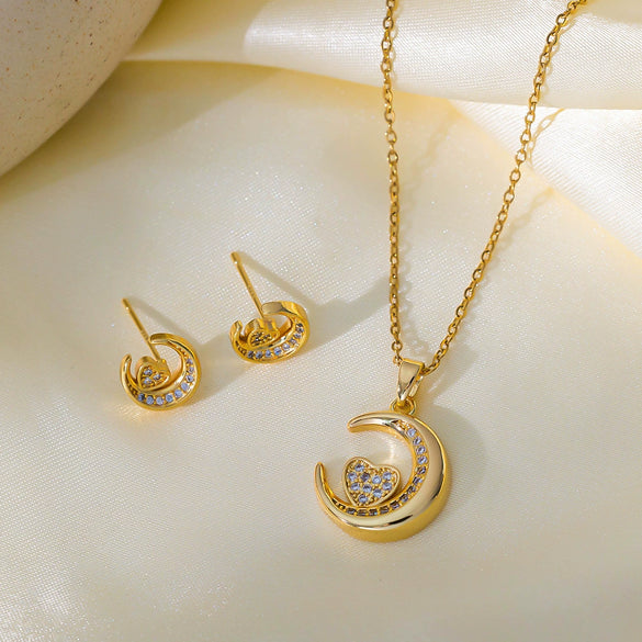 Wholesale Sweet Style Women's Jewelry Set With Love Water Drops And Bells Patterns Copper And Titanium Steel Electroplated Earrings And Necklace Combination