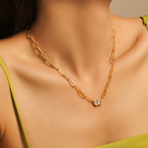 Wholesale Sweet Water Drop Square Zircon Stainless Steel Necklace With 18K Gold Plated Electroplating