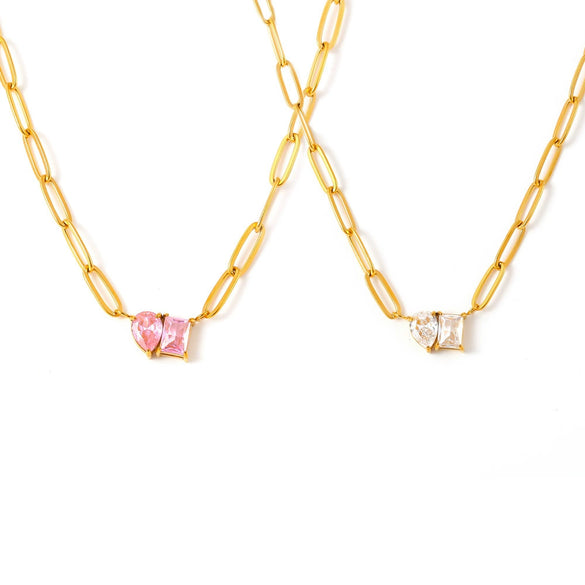 Wholesale Sweet Water Drop Square Zircon Stainless Steel Necklace With 18K Gold Plated Electroplating