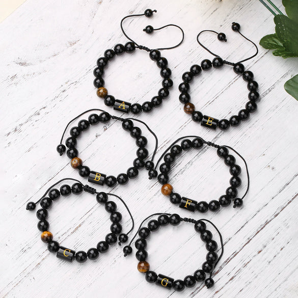 Wholesale Synthetic Stone Black Onyx Beads Geometric Woven Adjustable Electroplated Unisex Bracelet