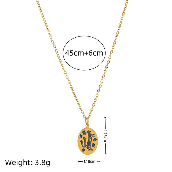 Wholesale Tarot Necklace Handmade Painted Mythical Element Oval With Moonlight Cat Two Tail Animal Zodiac Pattern Titanium Steel Electroplating