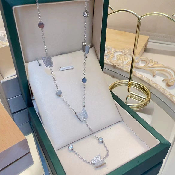 Wholesale Tassel Butterfly Geometric Titanium Steel Necklace With Mixed Gemstone Inlay Electroplated For Women Fashion Highend Design Nonfading Clavicle Chain