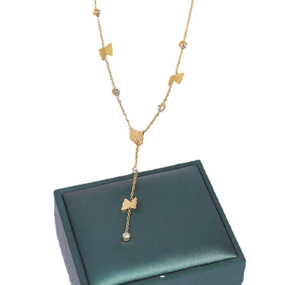 Wholesale Tassel Butterfly Geometric Titanium Steel Necklace With Mixed Gemstone Inlay Electroplated For Women Fashion Highend Design Nonfading Clavicle Chain
