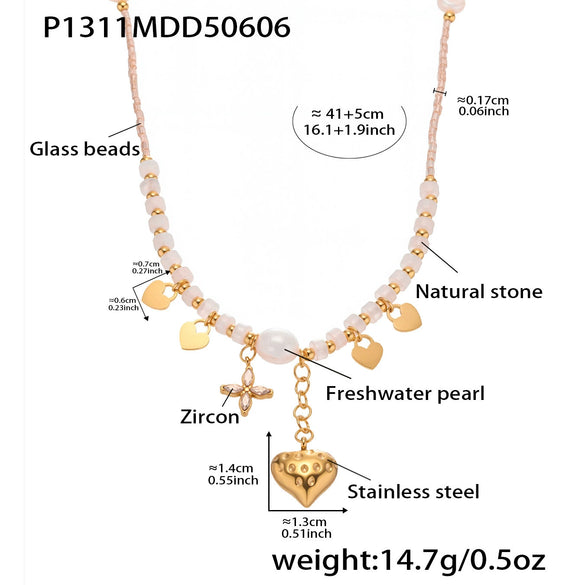Wholesale Tassel Heart Natural Stone Freshwater Pearl Clavicle Necklace For Women Stainless Steel Geometric Pattern Electroplating