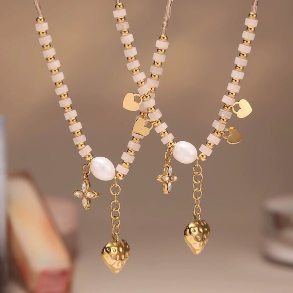 Wholesale Tassel Heart Natural Stone Freshwater Pearl Clavicle Necklace For Women Stainless Steel Geometric Pattern Electroplating