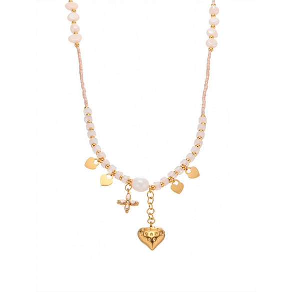Wholesale Tassel Heart Natural Stone Freshwater Pearl Clavicle Necklace For Women Stainless Steel Geometric Pattern Electroplating