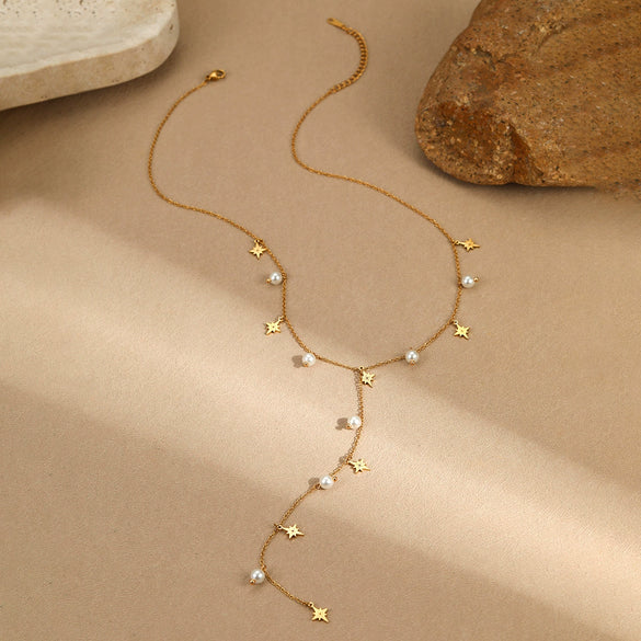 Wholesale Tassel Imitation Pearl Ychain Necklace Stainless Steel 18K Electroplated Geometric Style Jewelry For Women
