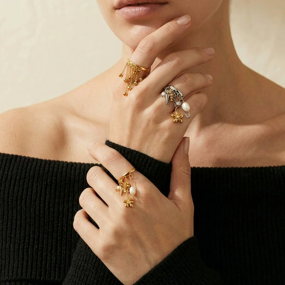 Wholesale Tassel Ring With Mixed Pendant In Gold And Silver Niche Ins Style Sweet And Cool Vibe Titanium Steel Chain Shape Electroplated