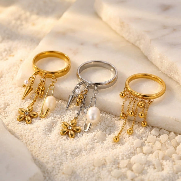 Wholesale Tassel Ring With Mixed Pendant In Gold And Silver Niche Ins Style Sweet And Cool Vibe Titanium Steel Chain Shape Electroplated