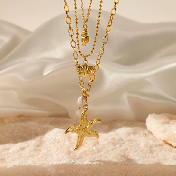Wholesale Three Layer Pearl Starfish Pendant Necklace With Geometric Pattern Stainless Steel For Women
