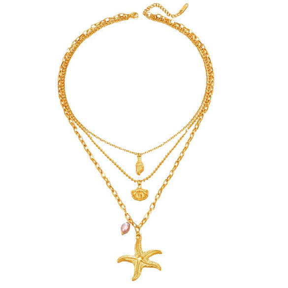 Wholesale Three Layer Pearl Starfish Pendant Necklace With Geometric Pattern Stainless Steel For Women
