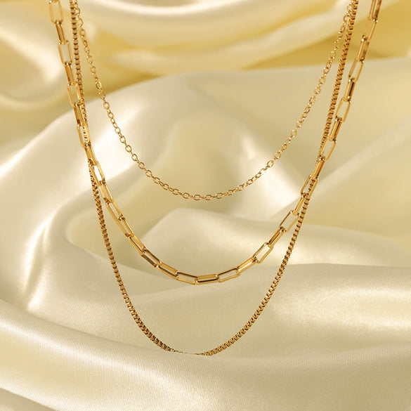 Wholesale Three Layer Stainless Steel Box Chain Necklace With Geometric Design 18K Gold Plated By Vacuum Real Gold Electroplating In Pvd Furnace For Women