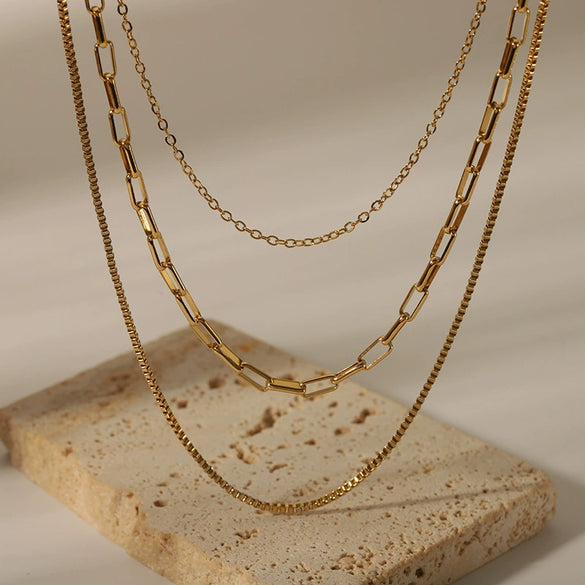 Wholesale Three Layer Stainless Steel Box Chain Necklace With Geometric Design 18K Gold Plated By Vacuum Real Gold Electroplating In Pvd Furnace For Women