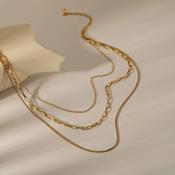Wholesale Three Layer Stainless Steel Box Chain Necklace With Geometric Design 18K Gold Plated By Vacuum Real Gold Electroplating In Pvd Furnace For Women