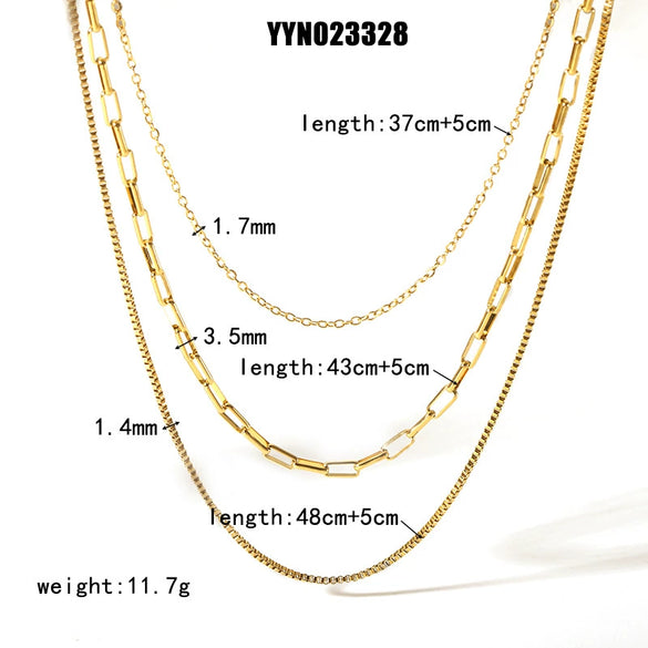 Wholesale Three Layer Stainless Steel Box Chain Necklace With Geometric Design 18K Gold Plated By Vacuum Real Gold Electroplating In Pvd Furnace For Women