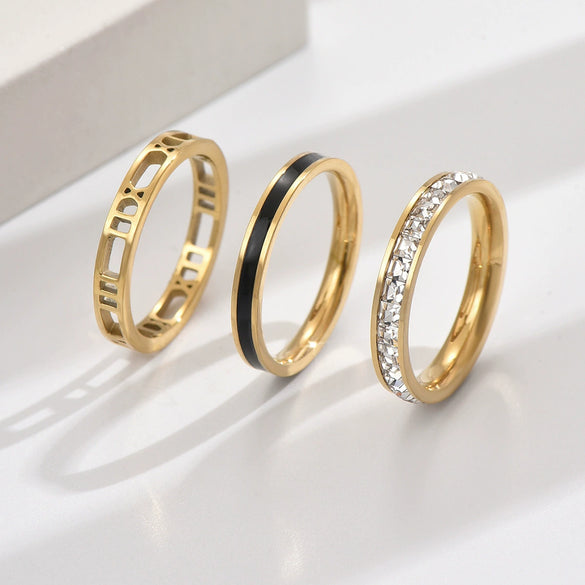 Wholesale Threeinone Hollowout Diamondstudded Oildrip Stainless Steel Ring With Geometric Shape Electroplated For Unisex