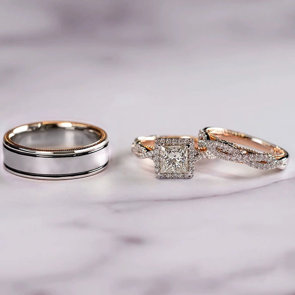 Wholesale Threepiece Ring Copper Rose Gold Color Geometric Retro Style Women's Engagement Ring