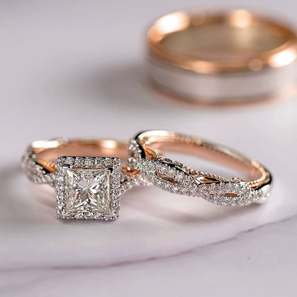 Wholesale Threepiece Ring Copper Rose Gold Color Geometric Retro Style Women's Engagement Ring