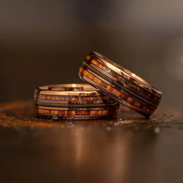 Wholesale Threeslot Spring Wire Guitar String Barrel Ring With Wood Grain In Rose Gold Stainless Steel Electroplated