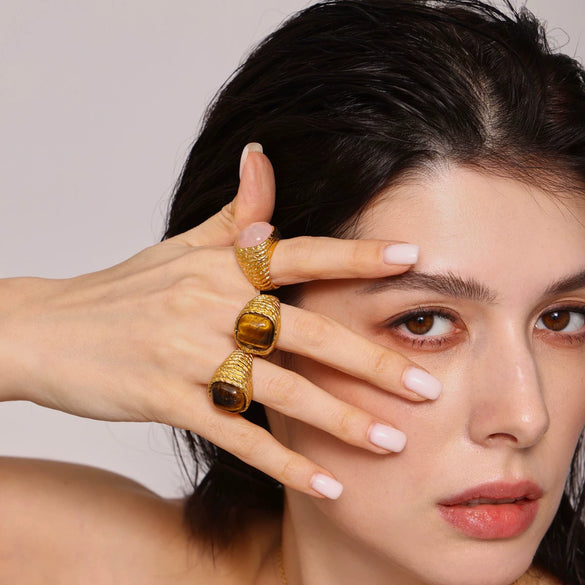 Wholesale Tiger Eye Ring For Middle Aged Women Light Luxury Geometric Stainless Steel 18K Real Gold Electroplated