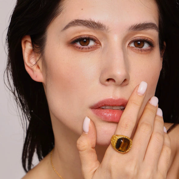 Wholesale Tiger Eye Ring For Middle Aged Women Light Luxury Geometric Stainless Steel 18K Real Gold Electroplated