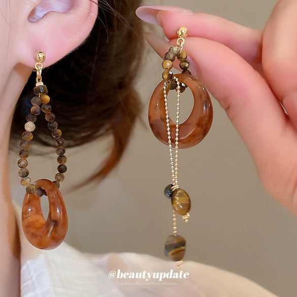 Wholesale Tiger Eye Stone Geometric Asymmetric Pendant Earrings Handmade Vintage Style For Women