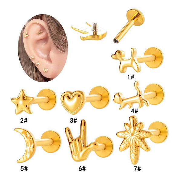 Wholesale Titanium Alloy Heart Shape Piercing Jewelry For Women Electroplated Inner Tooth Screw Rod Lip Nail Ear Bone Nail