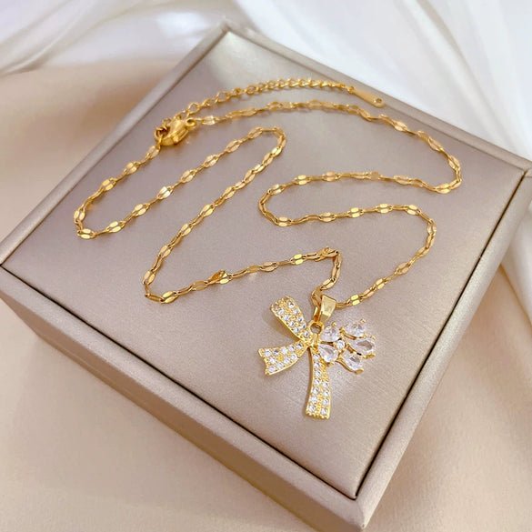 Wholesale Titanium Steel And Brass Women's Cartoon Geometric Diamond Inlaid Butterfly Water Drop Necklace Accessories