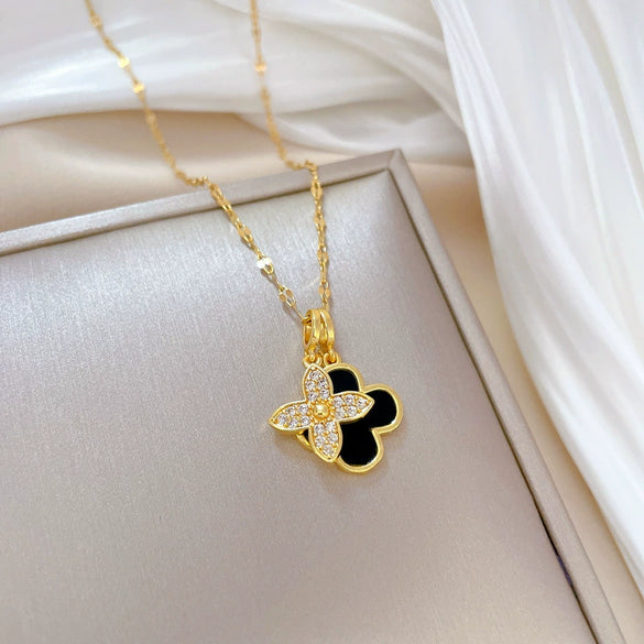 Wholesale Titanium Steel And Copper Diamondencrusted Geometric Fourleaf Flower Women's Necklace