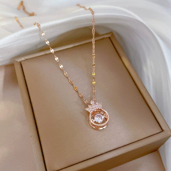 Wholesale Titanium Steel And Copper Diamondencrusted Geometric Fourleaf Flower Women's Necklace