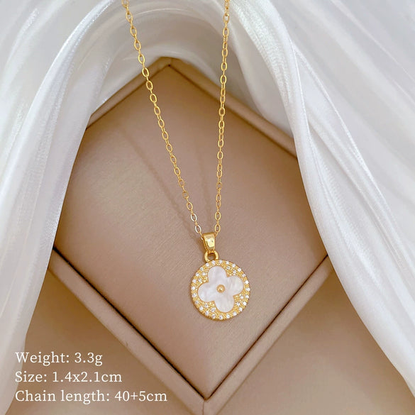 Wholesale Titanium Steel And Copper Diamondencrusted Geometric Fourleaf Flower Women's Necklace