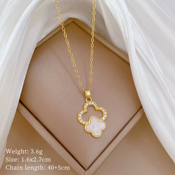 Wholesale Titanium Steel And Copper Diamondencrusted Geometric Fourleaf Flower Women's Necklace