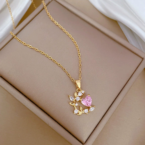 Wholesale Titanium Steel And Copper Geometric Love Leaf Zircon Diamond Necklace For Women