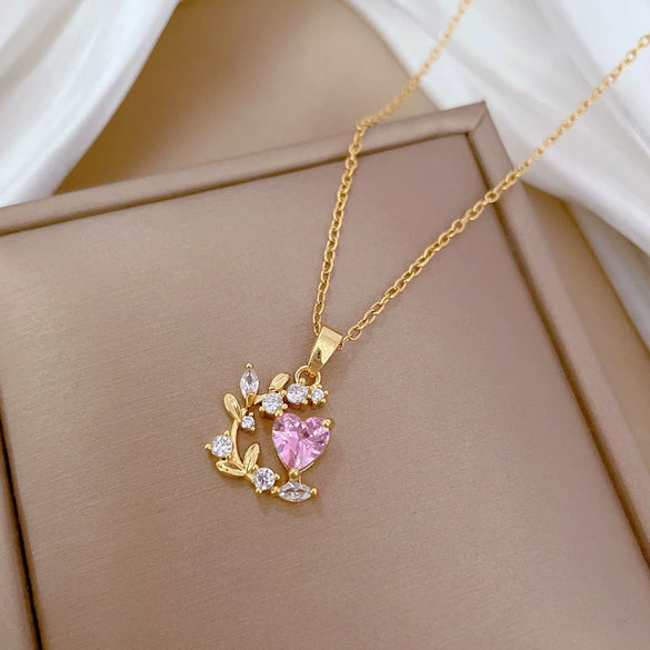 Wholesale Titanium Steel And Copper Geometric Love Leaf Zircon Diamond Necklace For Women