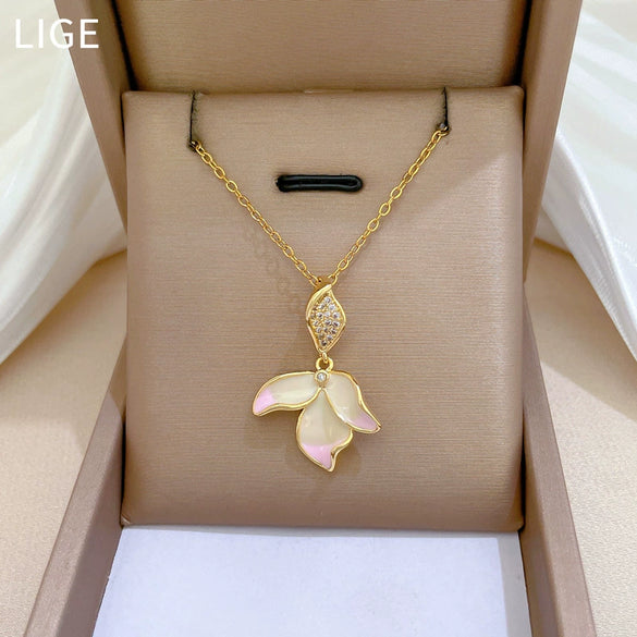 Wholesale Titanium Steel And Copper Geometric Pendant Women's Allmatch Clavicle Necklace With Zircon And Drop Oil Flower Design