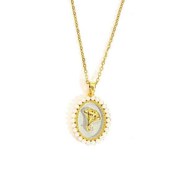 Wholesale Titanium Steel And Copper Ginkgo Biloba And Oval Inlaid Pearl Pendant Necklace For Women With Electroplating Design