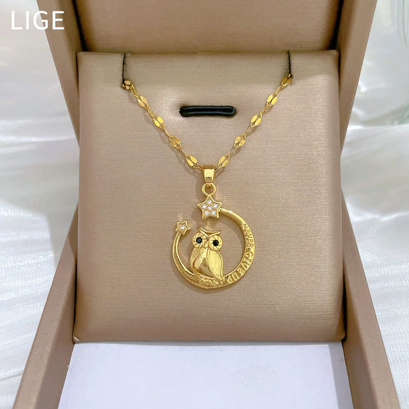 Wholesale Titanium Steel And Copper Moon Owl Geometric Light Luxury Elegant Gorgeous Diamond Unisex Necklace