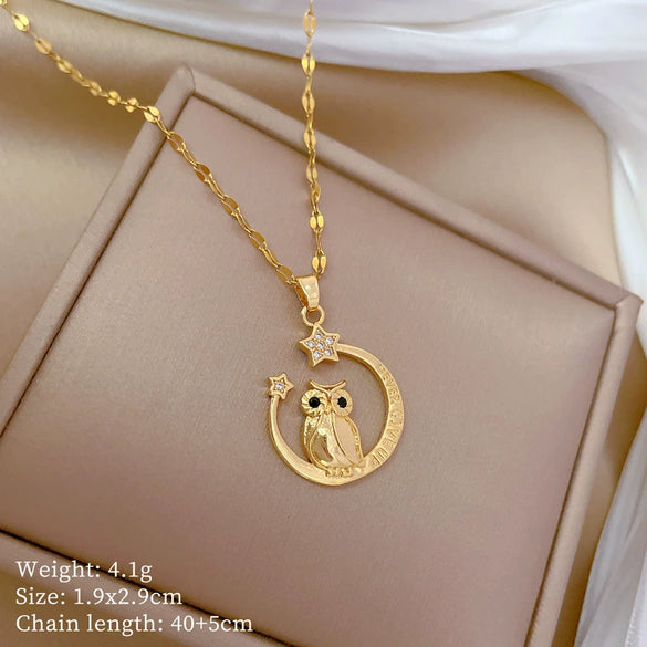 Wholesale Titanium Steel And Copper Moon Owl Geometric Light Luxury Elegant Gorgeous Diamond Unisex Necklace