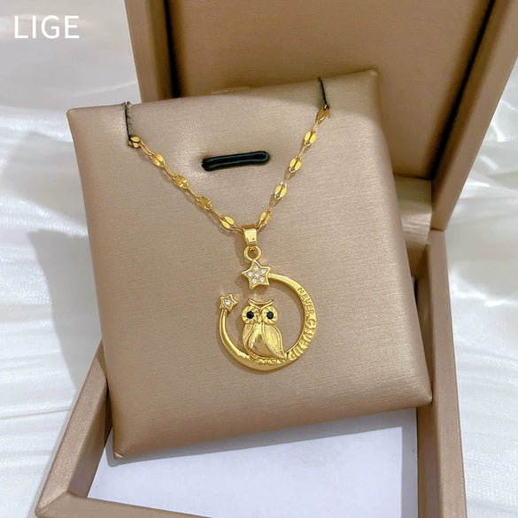 Wholesale Titanium Steel And Copper Moon Owl Geometric Light Luxury Elegant Gorgeous Diamond Unisex Necklace