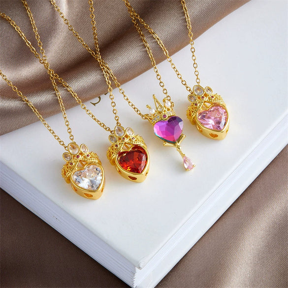Wholesale Titanium Steel And Copper Ochain Clavicle Necklace With Mixed Gem Inlay Crown And Heart Pattern For Women Light Luxury Style Electroplating Process