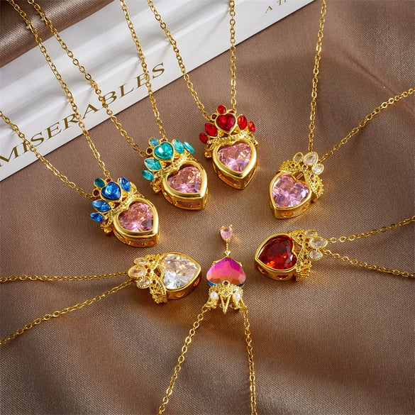 Wholesale Titanium Steel And Copper Ochain Clavicle Necklace With Mixed Gem Inlay Crown And Heart Pattern For Women Light Luxury Style Electroplating Process