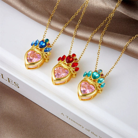Wholesale Titanium Steel And Copper Ochain Clavicle Necklace With Mixed Gem Inlay Crown And Heart Pattern For Women Light Luxury Style Electroplating Process
