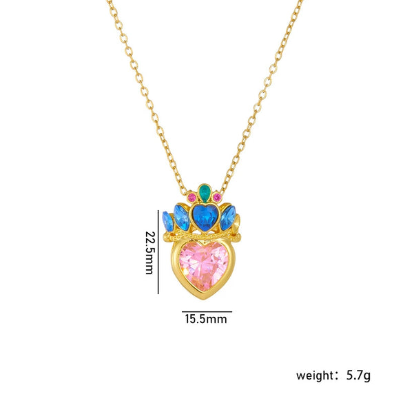 Wholesale Titanium Steel And Copper Ochain Clavicle Necklace With Mixed Gem Inlay Crown And Heart Pattern For Women Light Luxury Style Electroplating Process