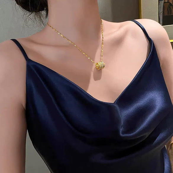 Wholesale Titanium Steel And Copper Women's Geometric Style Double Row Full Diamond Zircon Small Waist Pendant Water Wave Chain Necklace