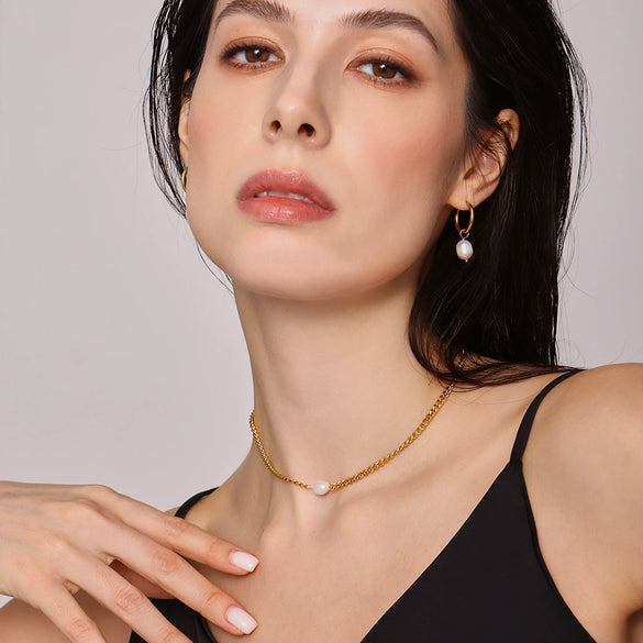 Wholesale 316L Stainless Steel And Freshwater Pearl Chain Necklace Pendant Earrings Set Light Luxury Elegant 18K True Gold Electroplated